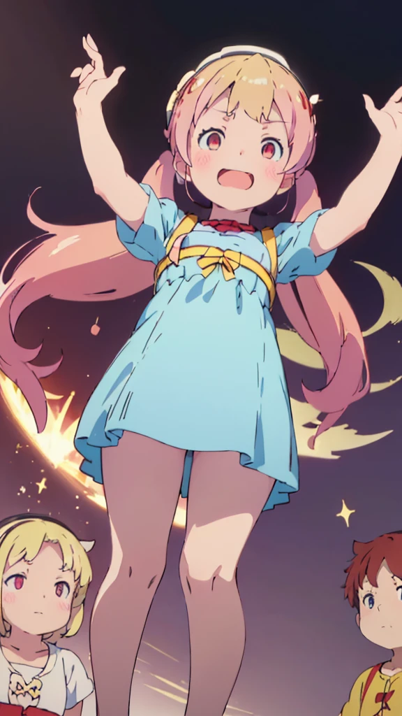 ((masterpiece))((Highest quality))girl、Laughing with your mouth open、blush、Flat Chest、Are thin、Blonde Hair、blush、Are standing、Whole body image、Eye level on face、、No background、Blue clothes、Hair is two colors、Twin tails、Red Eyes、Two-tone red and yellow hair、With open arms