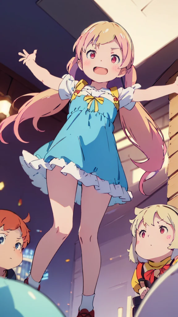 ((masterpiece))((Highest quality))girl、Laughing with your mouth open、blush、Flat Chest、Are thin、Blonde Hair、blush、Are standing、Whole body image、Eye level on face、、No background、Blue clothes、Hair is two colors、Twin tails、Red Eyes、Two-tone red and yellow hair、With open arms