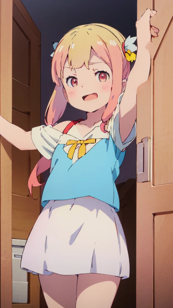 ((masterpiece))((Highest quality))girl、Laughing with your mouth open、blush、Flat Chest、Are thin、Blonde Hair、blush、Are standing、Whole body image、Eye level on face、、No background、Blue clothes、Hair is two colors、Twin tails、Red Eyes、Two-tone red and yellow hair、With open arms