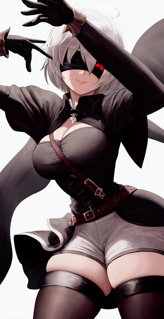 Character 2B, wearing a pirate cape, blindfold, on a white background, high image quality, 4K , front view