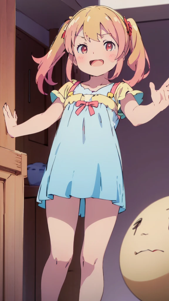 ((masterpiece))((Highest quality))girl、Laughing with your mouth open、blush、Flat Chest、Are thin、Blonde Hair、blush、Are standing、Whole body image、Eye level on face、、No background、Blue clothes、Hair is two colors、Twin tails、Red Eyes、Two-tone red and yellow hair、With open arms