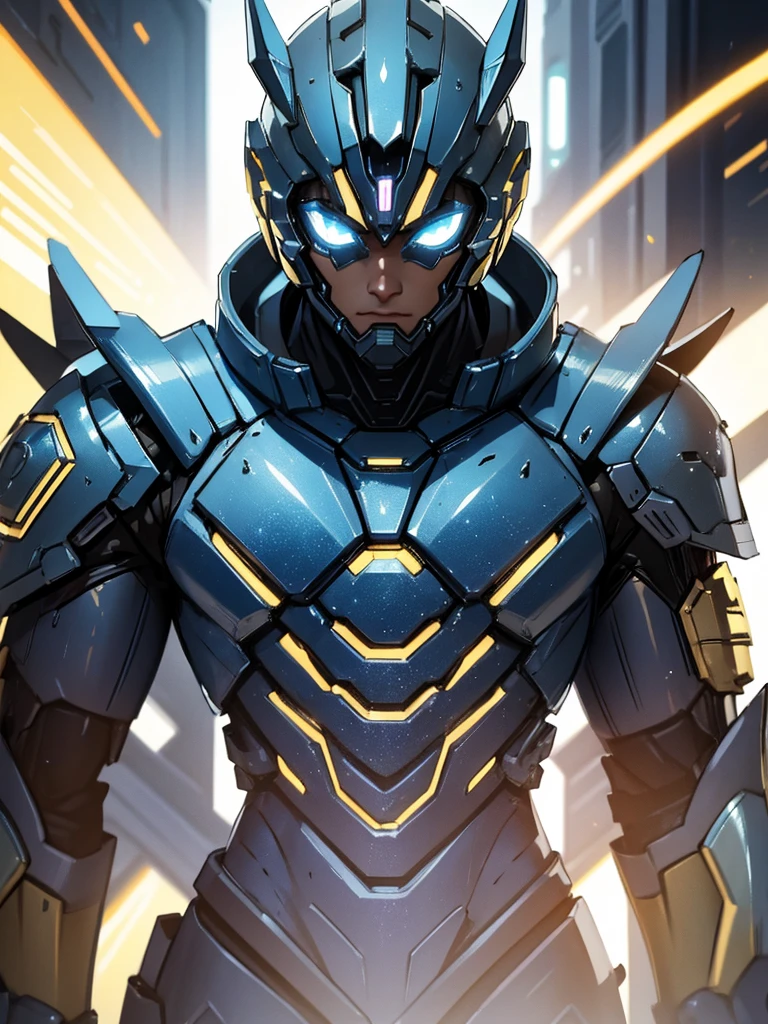 BLUE and gold armor, male futuristic bodybuilder scientist using a mechanical armor, super strong, portrait, closeup, best quality,4k,8k,highres,masterpiece:1.2,ultra-detailed,realistic,photorealistic,photo-realistic:1.37,HDR,UHD,studio lighting,ultra-fine painting,sharp focus,physically-based rendering,extreme detail description,professional