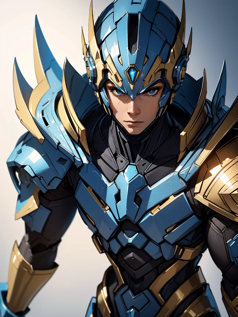 BLUE and gold armor, male futuristic bodybuilder scientist using a mechanical armor, super strong, portrait, closeup, best quality,4k,8k,highres,masterpiece:1.2,ultra-detailed,realistic,photorealistic,photo-realistic:1.37,HDR,UHD,studio lighting,ultra-fine painting,sharp focus,physically-based rendering,extreme detail description,professional