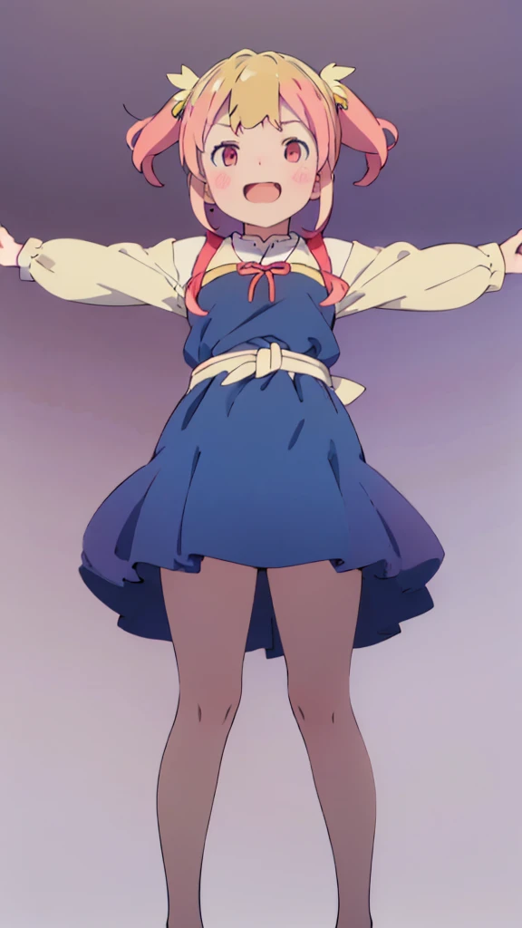 ((masterpiece))((Highest quality))girl、Laughing with your mouth open、blush、Flat Chest、Are thin、Blonde Hair、blush、Are standing、Whole body image、Eye level on face、、No background、Blue clothes、Hair is two colors、Twin tails、Red Eyes、Two-tone red and yellow hair、With open arms