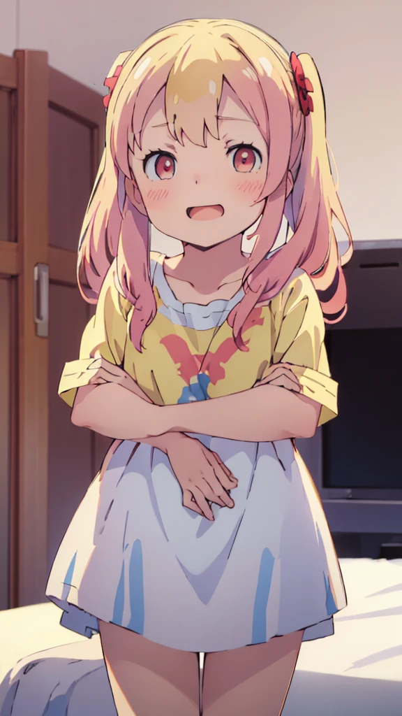 ((masterpiece))((Highest quality))girl、Laughing with your mouth open、blush、Flat Chest、Are thin、Blonde Hair、blush、Are standing、Whole body image、Eye level on face、、No background、Blue clothes、Hair is two colors、Twin tails、Red Eyes、Two-tone red and yellow hair、With open arms