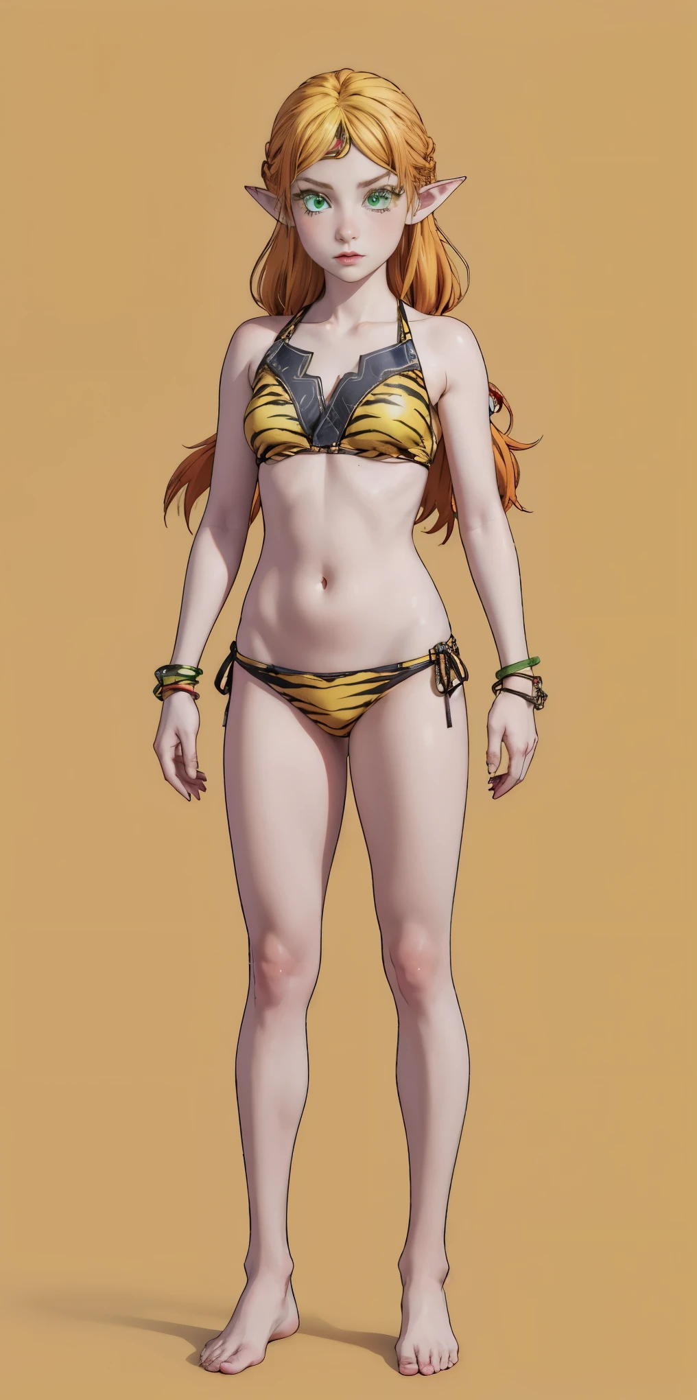 tsundere elf full body toe to head, long hair, blonde hair (green eyes:1.1) pointy ears, elf, multicolored hair, forehead jewel, yellow tiger bikini, standing symmetrical, plain background