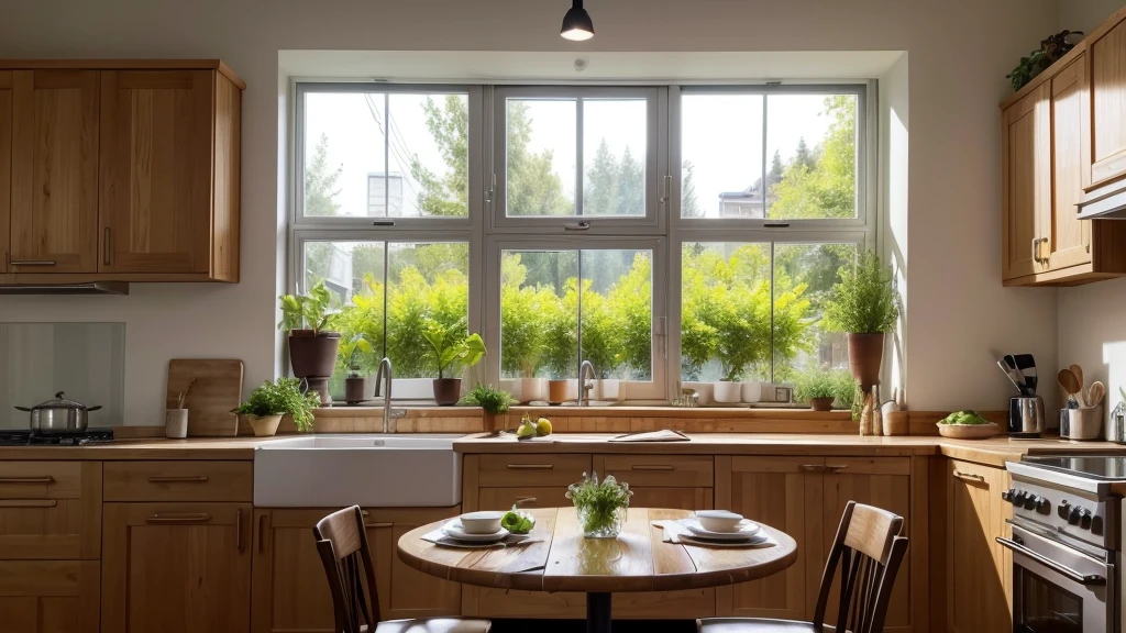 A rich table with various dishes of healthy food in a bright European kitchen，There is a large window，There is also a beautiful plant setting for cooking delicious food