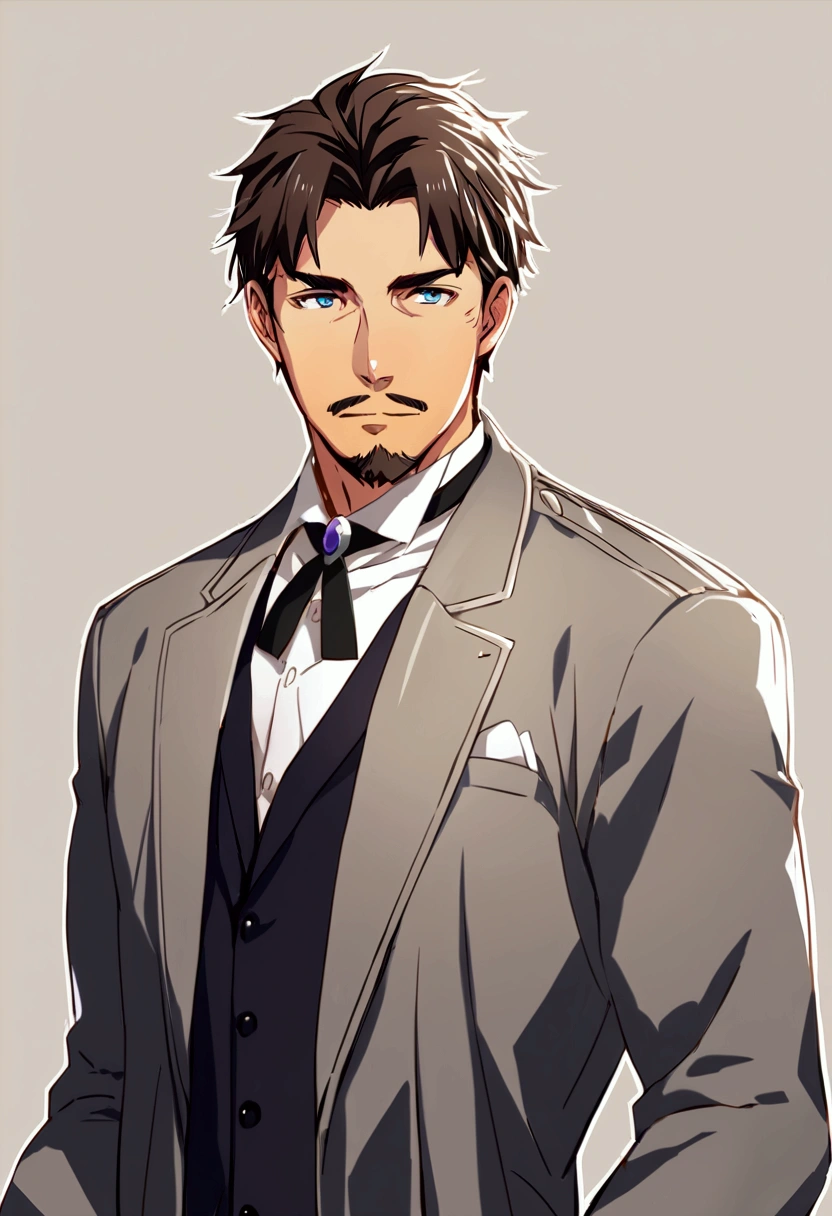 Score_9, score_8_up, score_7_up, source_anime, 1man, mature male, parted bangs, medium-short hair, brown hair, muscular male celeb, short goatee, short mustache, indigo eyes, gentleman, elegant netori male, dark iris, upperwaist, BREAK solo, white collared shirt, gray trench coat, black neck ribbon, in gentle sasaki style, visual novel, 2010s, extreme all detailed, masterpiece, best quality