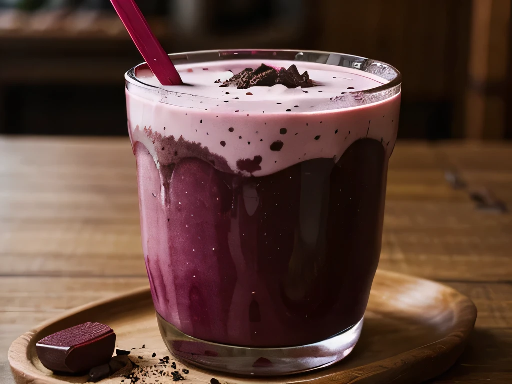 Create a photo of a beet smoothie, cacao, soy milk that the decoration is the ingredients and is in a shop glass