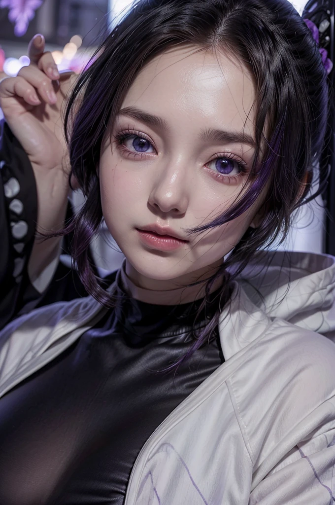 Shnobu, realistic, age 25, pure white skin, purple pupils, black purple hair, perfect face, perfect aesthetic shape body, large breasts, dark purple outfit, white jacket, posing to viewer, 8k , ultra realistic.