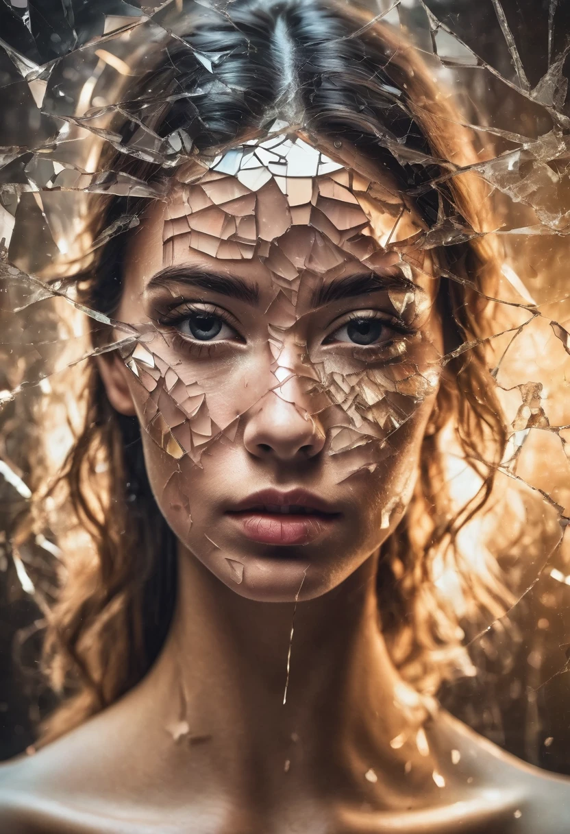 photoillutration of double exposure of merged, 1broken(shattered:1.5) mirror, 1half face(transparency effect of the face on the mirror:1.0(accurate:1.8))seamless mixed, texture and pattern, transparency face effect on the mirror, fit-face image through the mirror, iconic stance, dramatic shadows, dramatic lights, interlacing elements, front view, fantasy art, two tones, digital manipulated photo art, hyper-realistic, ultra-detailed, crisp clarity, high-contrast, luminous ambiance, rich textures, intricate patterns, vivid colors, cinematic lighting, photo realistic, accurate anatomical proportions, cinematic blurry background