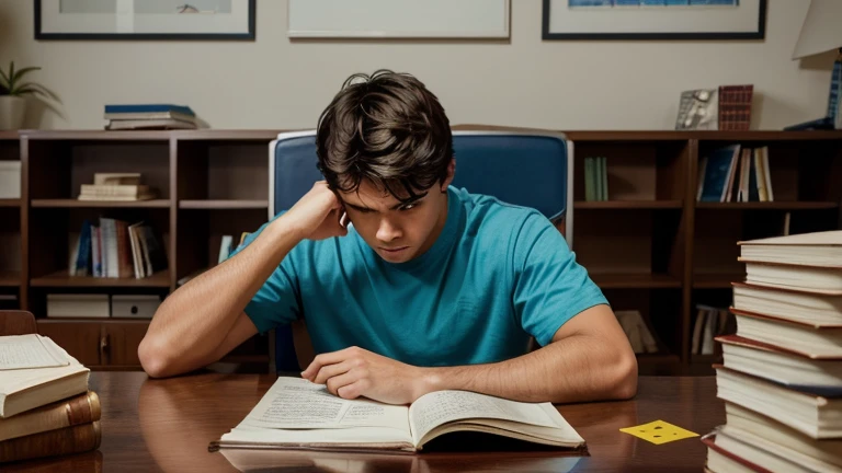 "Create a thumbnail image of a disappointed boy sitting at a study table, surrounded by scattered books and papers. Display his low exam score prominently on a piece of paper in front of him, capturing the frustration and determination to improve."