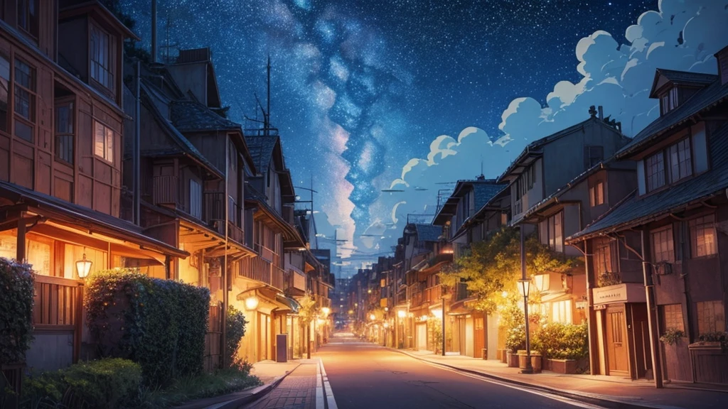 cover to listen to music, studio Ghibli or Lofi illustrations, night city landscape with starry sky