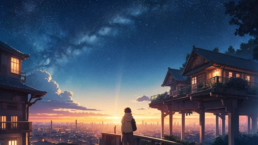 cover to listen to music, studio Ghibli or Lofi illustrations, night city landscape with starry sky