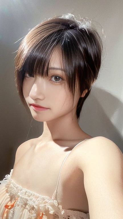 20 year old beautiful girl，Perfect Eyes，Short cut with smooth and shiny hair、Her hair is light pink、3D image、Crystal clear white skin，Bust is very very large、Full body nude images、The background is an open-air bath、High resolution、high resolution、A seductive pose with her hair brushed back、high resolution写真、Her lips are a light orange color with a lustrous shine.、Hairless genitals、Clear, sharp images of the lower body、masterpiece