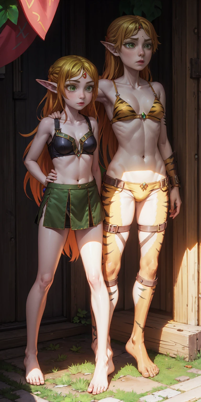 tsundere elf full body toe to head, long hair, blonde hair (green eyes:1.1) pointy ears, elf, multicolored hair, forehead jewel, yellow tiger bikini, standing symmetrical, plain background