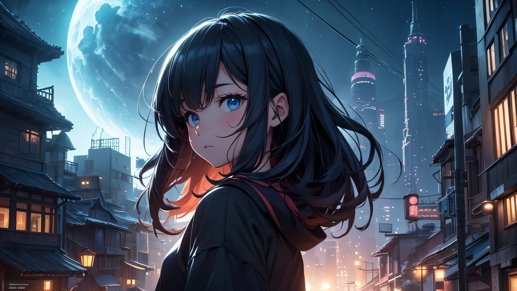 a girl in a night city, studio ghibli, lofi aesthetic, detailed night sky with stars, cityscape with skyscrapers, detailed architecture, cinematic lighting, vibrant colors, (best quality,4k,8k,highres,masterpiece:1.2),ultra-detailed,(realistic,photorealistic,photo-realistic:1.37),intricate details,dramatic shadows,warm lighting,moody atmosphere,fantasy,dreamlike