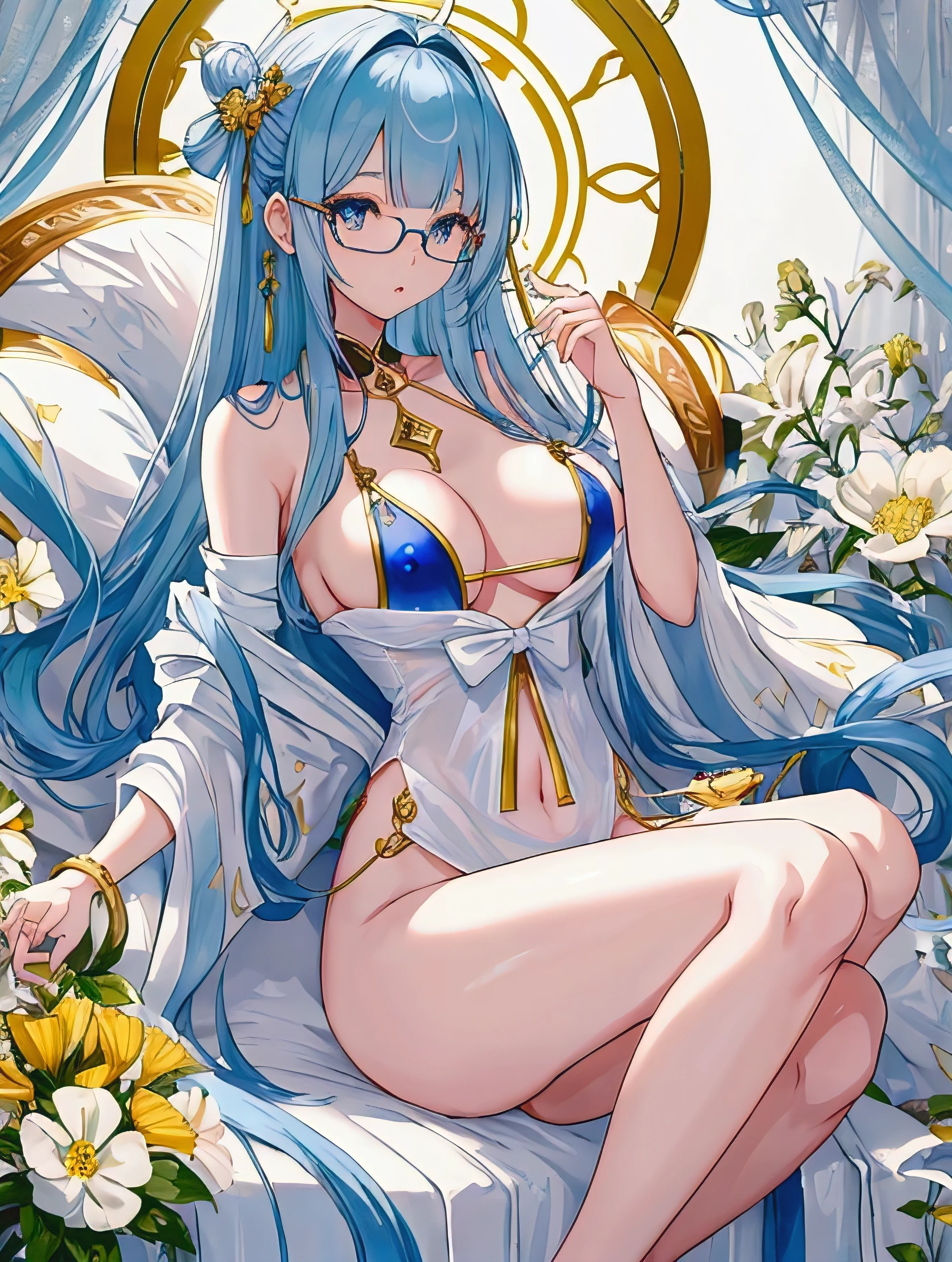 Create an anime-style illustration of a 1０-year-old girl named Shizuka. She has long, straight, blue hair with bangs cut straight across her forehead. She has large, almond-shaped silver-blue eyes and porcelain-like white skin. Shizuka often wears glasses.(Highest quality:1.4), (super high quality), (Very detailedな), 1 beautiful girl, So cute, (Slender body:1.1), (thin and delicate legs), Real skin texture, (Drop your bangs to the side), Bright and shiny lips, Advent of the Beautiful Goddess, Beautiful background, Golden Ratio, Conceptual Art, Very detailed, Accurate, Advanced Details,, Sexy Art, In nature、Ultra-detailed illustration details, 8K wallpapers incorporating highly detailed CG, , (Nipple protrusions push up the uniform),Ultra micro bikini in white、hot spring、Glasses