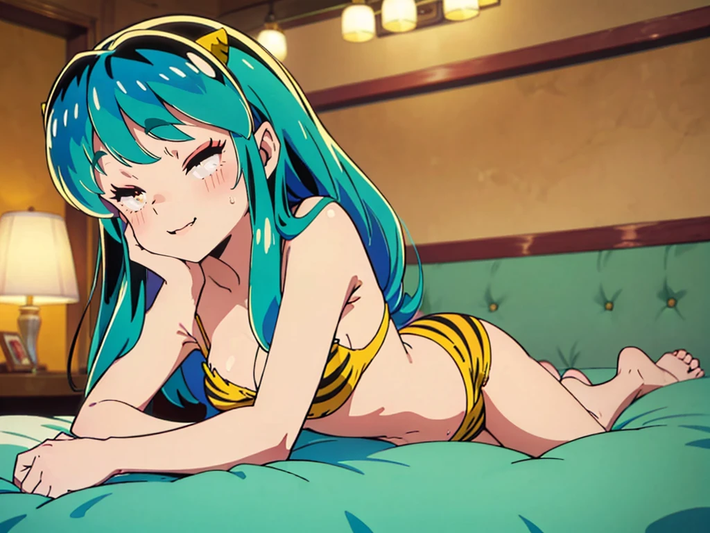 masterpiece, Highest quality, 1 Girl, Lum, 比基尼, anime, From before, blush, smile, Sweat, Embarrassing, Red lipstick, sexy, Sleeping with eyes closed, Toes