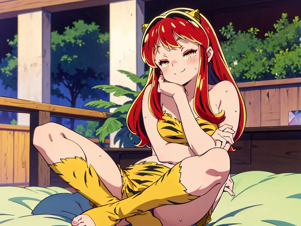 masterpiece, Highest quality, 1 Girl, Lum, 比基尼, anime, From before, blush, smile, Sweat, Embarrassing, Red lipstick, sexy, Sleeping with eyes closed, Toes