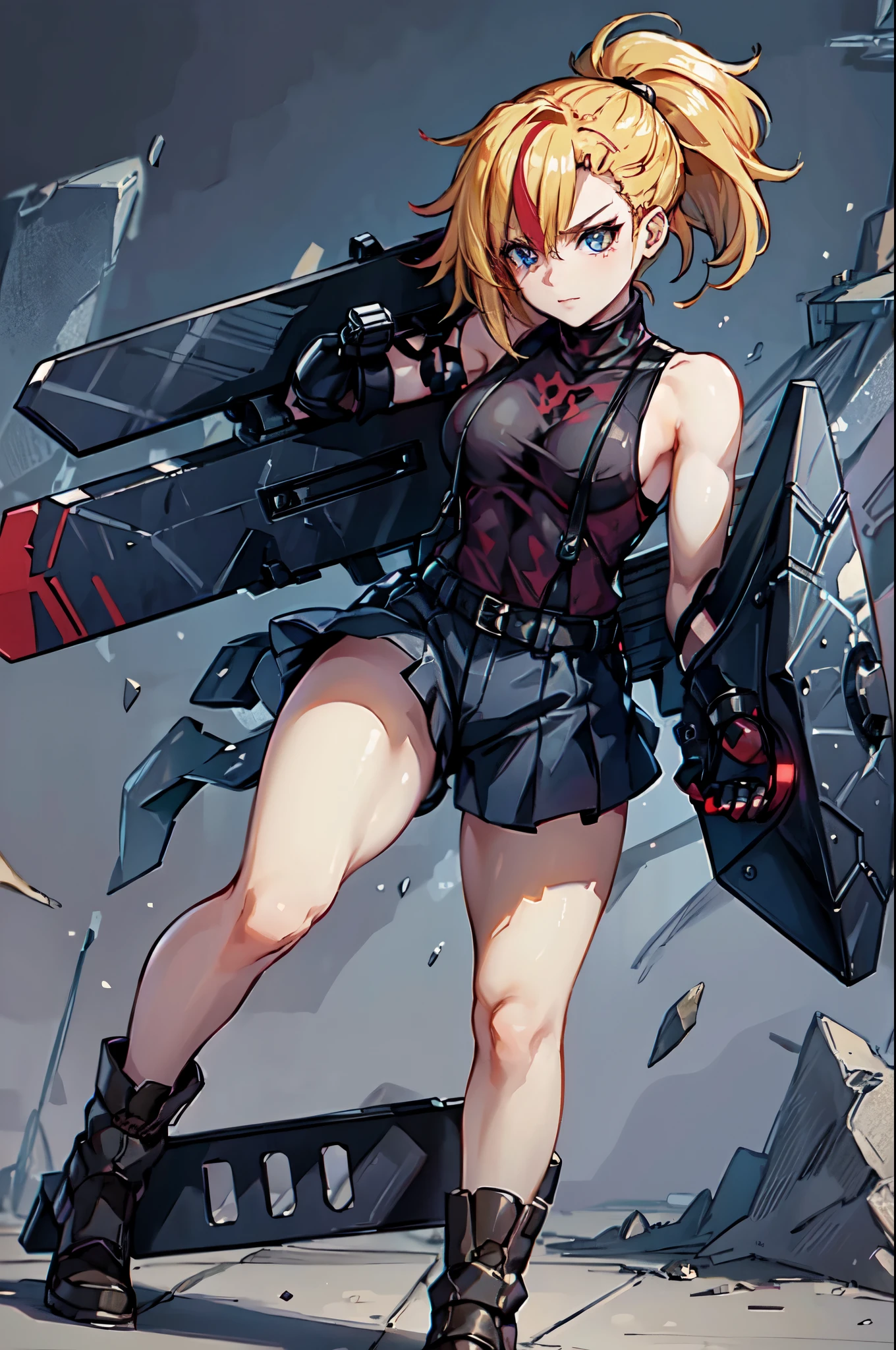 (masterpiece, best quality:1.2), red glowing eyes, red eyes, the eyes are red, perfect face, , strong make up, highres, 1 girl, solo, ultra long ponytail, (female:1.5), strife, blonde hair, shoulder armor, sleeveless turtleneck, suspenders, belt, gloves, bracer, evil smile, standing, portrait, looking at viewer, giant sword on the back, long leather boots, fullbody shot