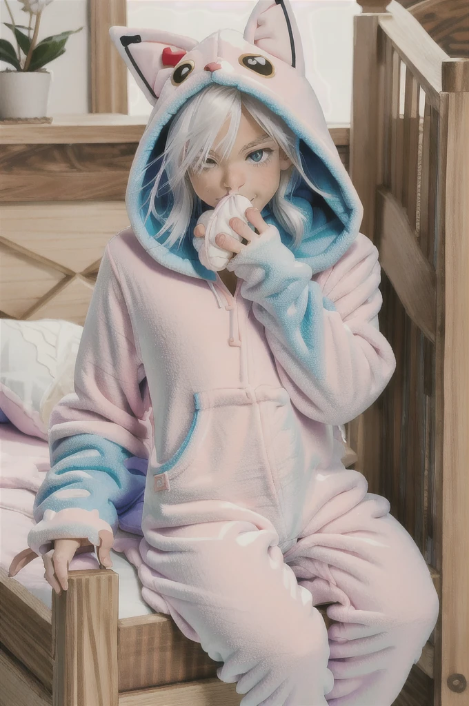 An anime image of a age boy with white hair in a large nursery, (thumb in mouth), (playing with baby toys), ((wearing fox hoodie-footie pjs)), (((wearing a diaper))), sleeping, (in a crib 1.5), stuffed animals, ((1boy)), high quality, extremely detailed, highly detailed, masterpiece, soft lighting, warm colors, pastel colors,