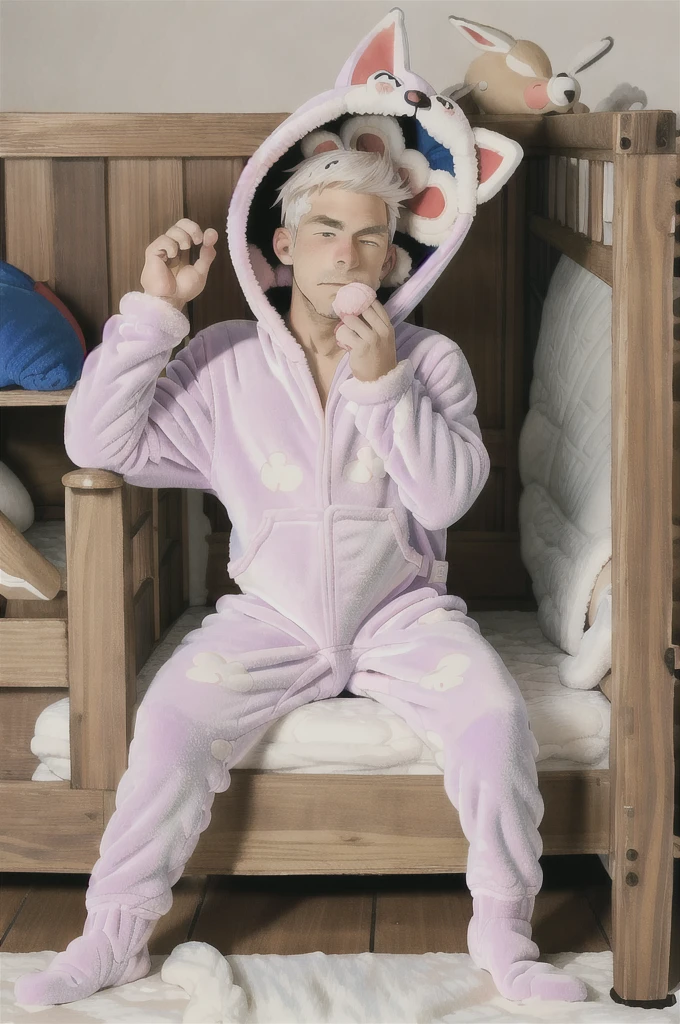 An anime image of a teenage boy with white hair in a large nursery, (thumb in mouth), (playing with baby toys), ((wearing fox hoodie-footie pjs)), (((wearing a diaper))), sleeping, (in a crib 1.5), stuffed animals, ((1boy)), high quality, extremely detailed, highly detailed, masterpiece, soft lighting, warm colors, pastel colors,
