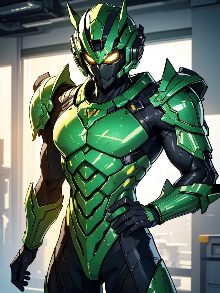 GREEN and gold armor, male futuristic bodybuilder scientist using a mechanical armor, super strong, portrait, closeup, best quality,4k,8k,highres,masterpiece:1.2,ultra-detailed,realistic,photorealistic,photo-realistic:1.37,HDR,UHD,studio lighting,ultra-fine painting,sharp focus,physically-based rendering,extreme detail description,professional