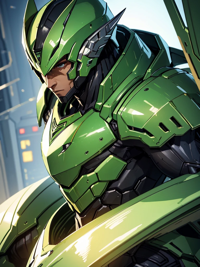 GREEN and gold armor, male futuristic bodybuilder scientist using a mechanical armor, super strong, portrait, closeup, best quality,4k,8k,highres,masterpiece:1.2,ultra-detailed,realistic,photorealistic,photo-realistic:1.37,HDR,UHD,studio lighting,ultra-fine painting,sharp focus,physically-based rendering,extreme detail description,professional