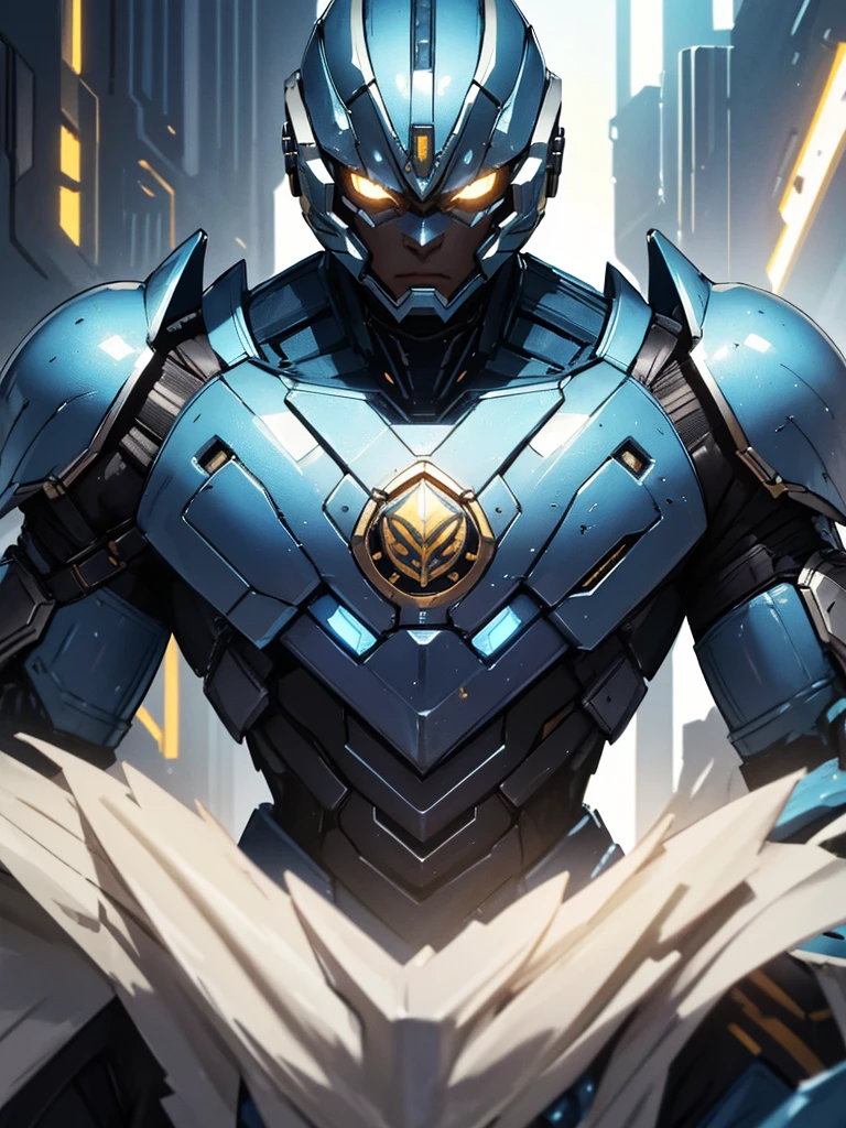 BLUE and gold armor, male futuristic bodybuilder scientist using a mechanical armor, super strong, portrait, closeup, best quality,4k,8k,highres,masterpiece:1.2,ultra-detailed,realistic,photorealistic,photo-realistic:1.37,HDR,UHD,studio lighting,ultra-fine painting,sharp focus,physically-based rendering,extreme detail description,professional