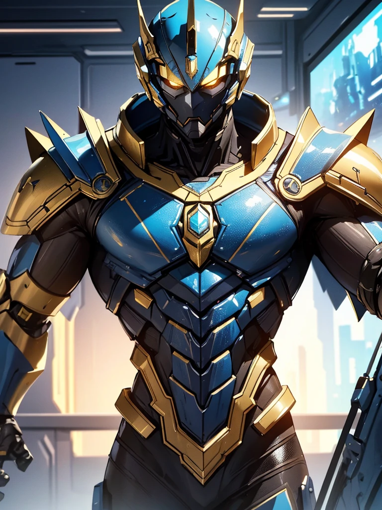 BLUE and gold armor, male futuristic bodybuilder scientist using a mechanical armor, super strong, portrait, closeup, best quality,4k,8k,highres,masterpiece:1.2,ultra-detailed,realistic,photorealistic,photo-realistic:1.37,HDR,UHD,studio lighting,ultra-fine painting,sharp focus,physically-based rendering,extreme detail description,professional