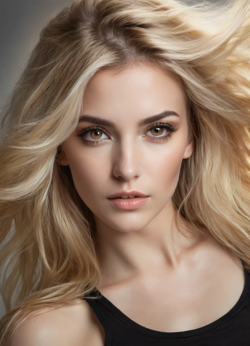 Portrait of a stunning woman with piercing brown eyes and long flowing blonde hair, wearing black tank-top, realistic, intricate details in the clothing and facial features, studio lighting to enhance the depth and realism of the image