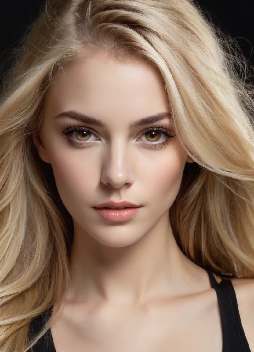 Portrait of a stunning woman with piercing brown eyes and long flowing blonde hair, wearing black tank-top, realistic, intricate details in the clothing and facial features, studio lighting to enhance the depth and realism of the image