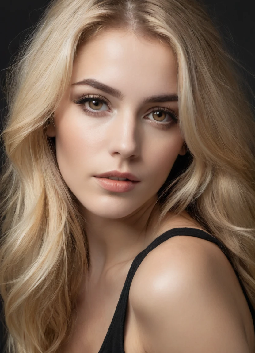 Portrait of a stunning woman with piercing brown eyes and long flowing blonde hair, wearing black tank-top, realistic, intricate details in the clothing and facial features, studio lighting to enhance the depth and realism of the image
