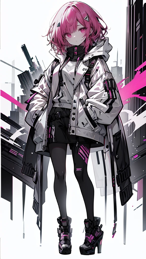 1 girl with red hair, pink eyes, cyberpunk style, hand in pocket, hoodie, pink starry background, black high heels