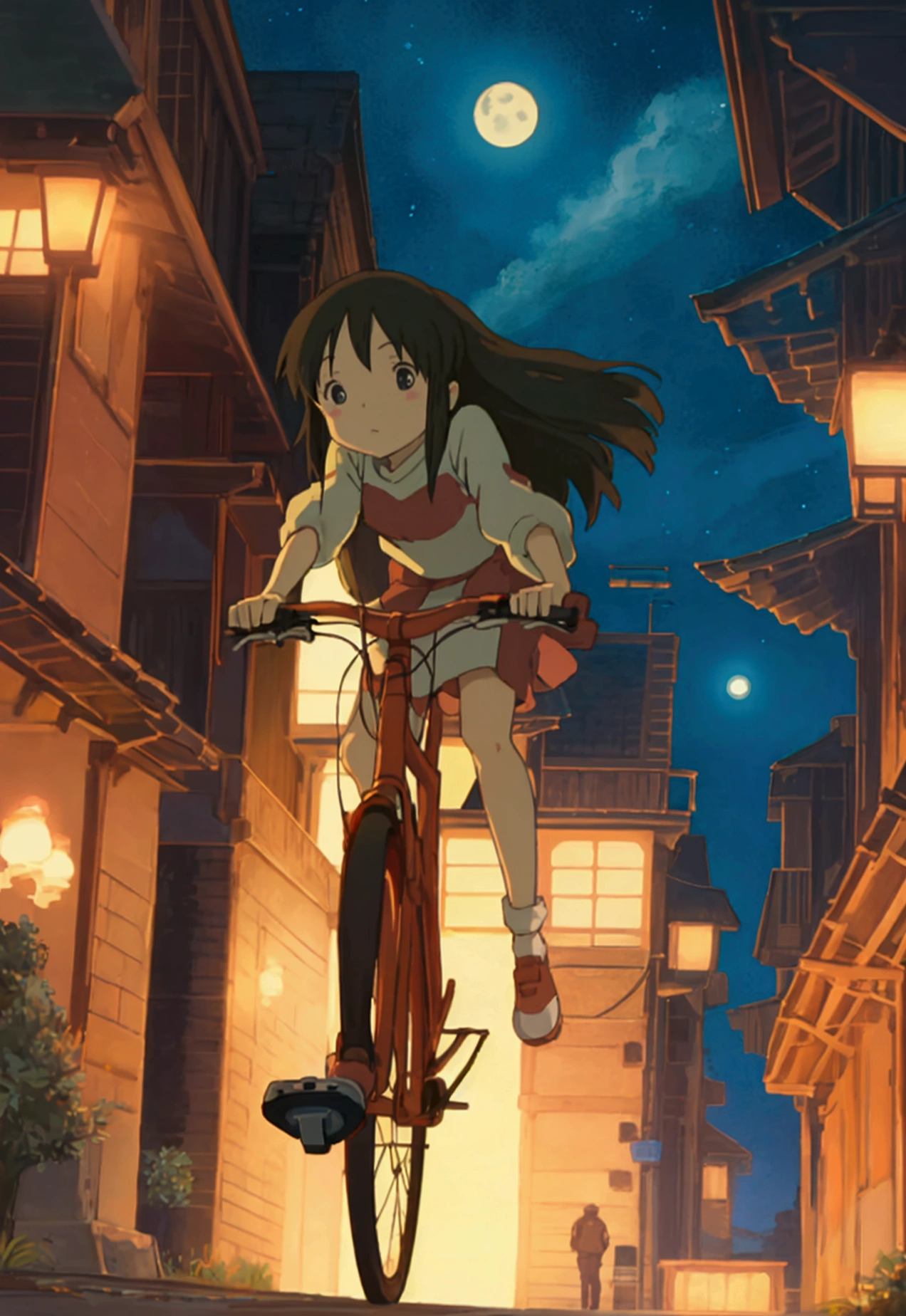 Ghibli night Running in the sky bicycle girl
