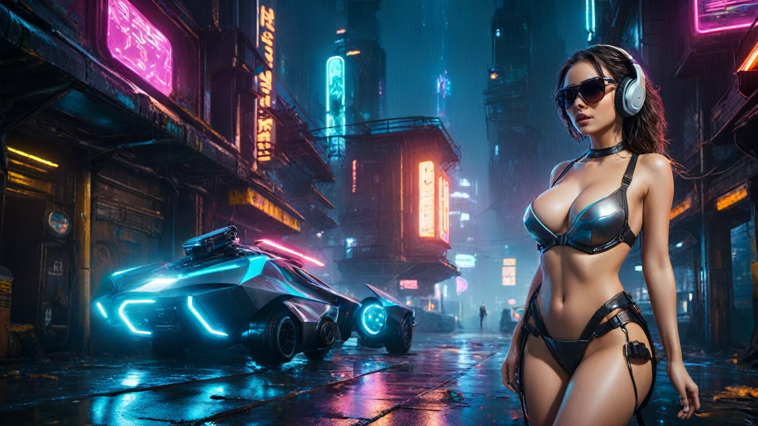 (aerial view, a flying cars docking platform, a very dark abandoned futuristic city, neon lights), rainy night. 1girl, solo, alone, large-breast:1.2 slim body, cleavage:1.1, sexy wind blowing wet dress:1.4, (headphone, black sunglasses), (((she raised:1.8 a pistol:1.8 and took aim))), dynamic pose, (((half-body thigh level medium shot))), cinematic lighting, lens flare, ray tracing.