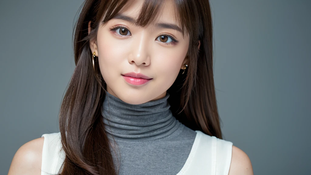 (Detailed face),vivid,chest,cute,Sleeveless and(turtleneck)White silky clothes,4K,Ultra-high resolution,(Photorealistic:1.7),Gray background,Long Hair,