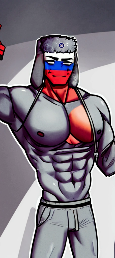 Russia. Big chest grey shirt.Horny seductive face.big bulge.grey sweatpants 
