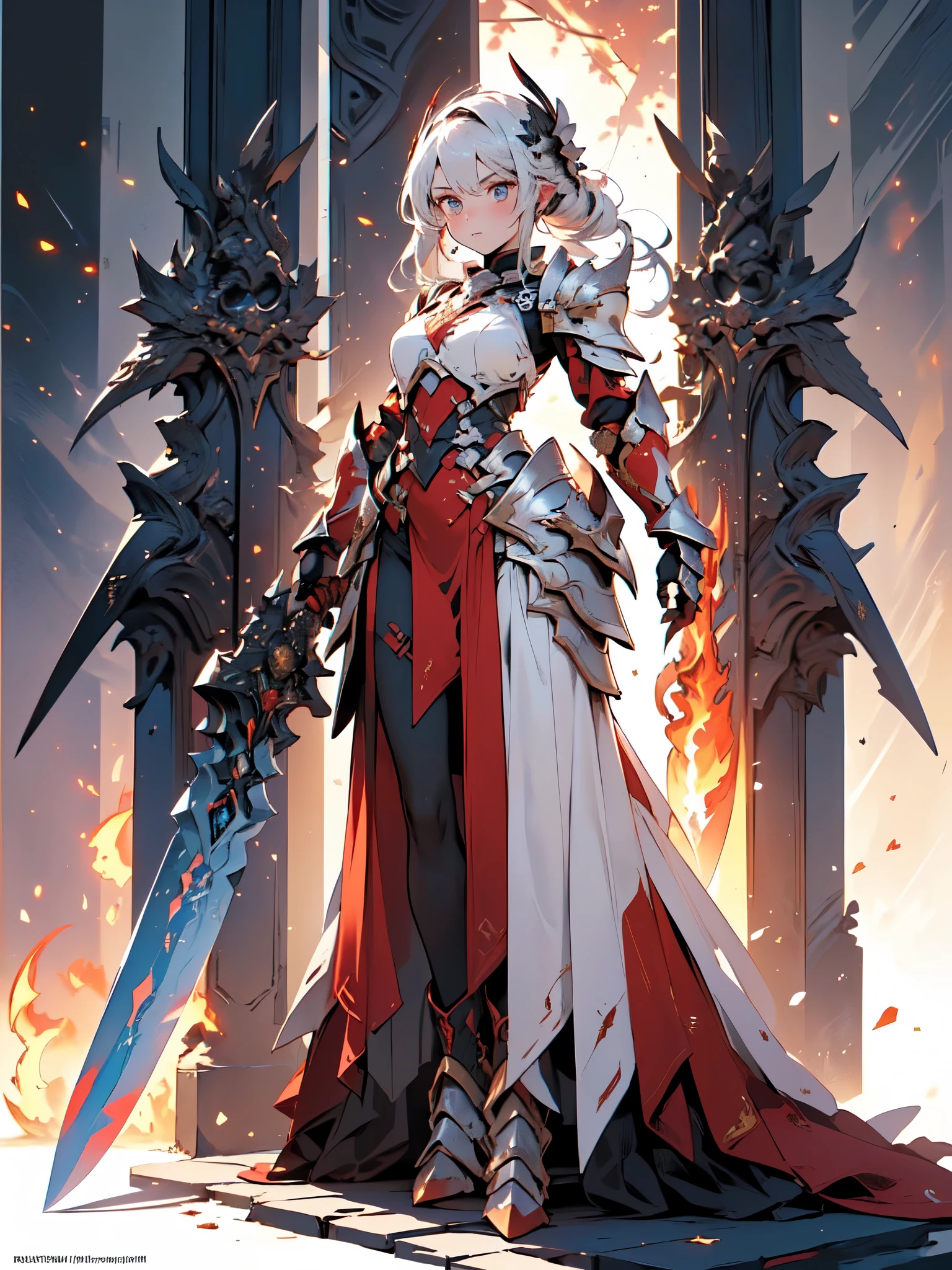 Design a layout showcase Gaming character, (1girl). Gold+Red clothes, fiery and majestic, ((showcase weapon:1.4)), flame whip, (masterpiece:1.2), (best quality), 4k, ultra-detailed, (Step by step design, layout art:1.5), (flaming lighting, fiery setting), fire mage, ((flame gloves)), (((revealing armor:1.3))), flame vambraces, fireproof boots, (((full_body_shot:1.4)))