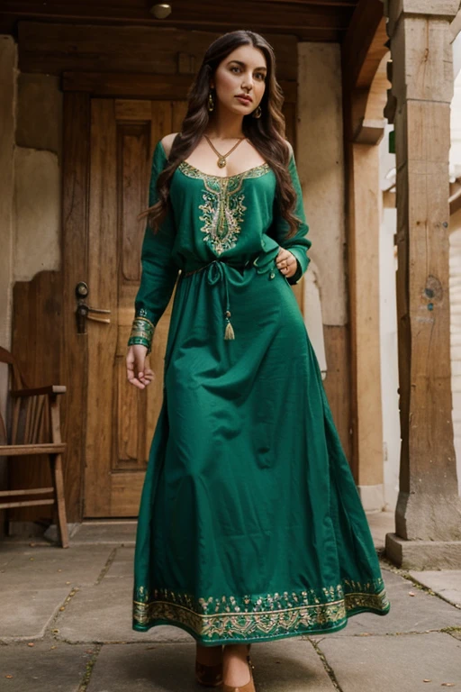 woman long clothes large elegant composed gypsy traditional with green woman