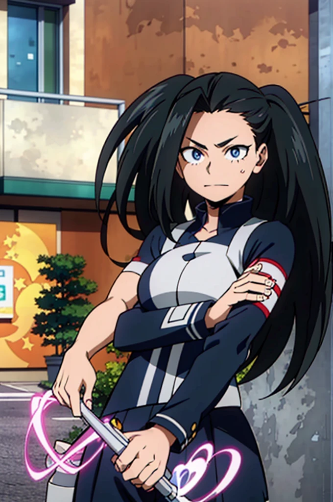 high image quality, she is a 20 year old teenager, she has slightly disheveled very black hair..., somewhat light blue eyes, on a busy avenue,( front stop) fit body , nice face , attractive, happy face, with normal warm clothing , my hero academy art style, boku no hero style