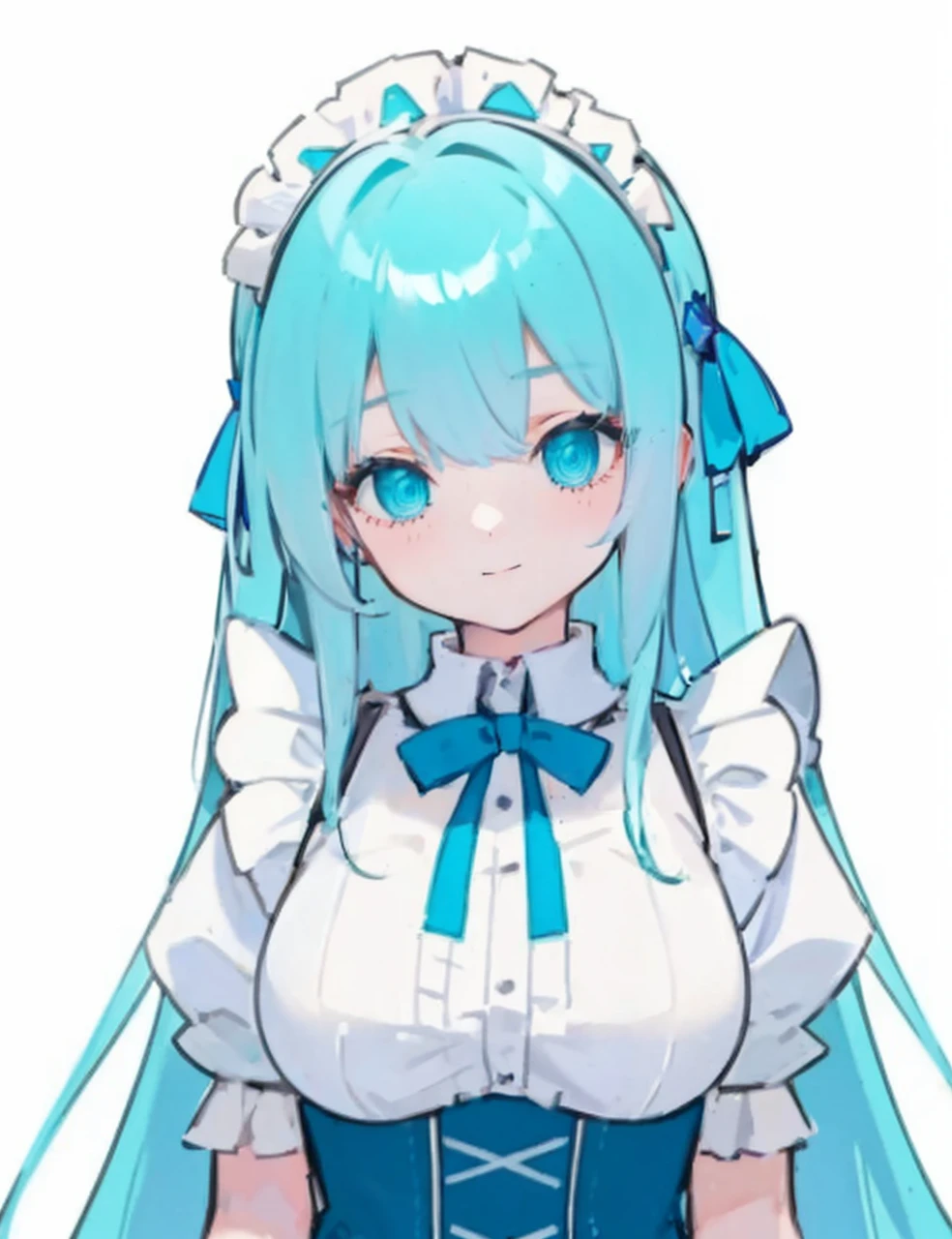 cute girl with beautiful shading blue hair, wearing an elegant white maid dress, gentle smile, beautiful eyes