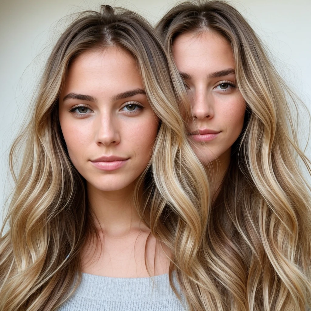 femme brune avec pointe blonde forte poitrine de face , laigé grain de beauté