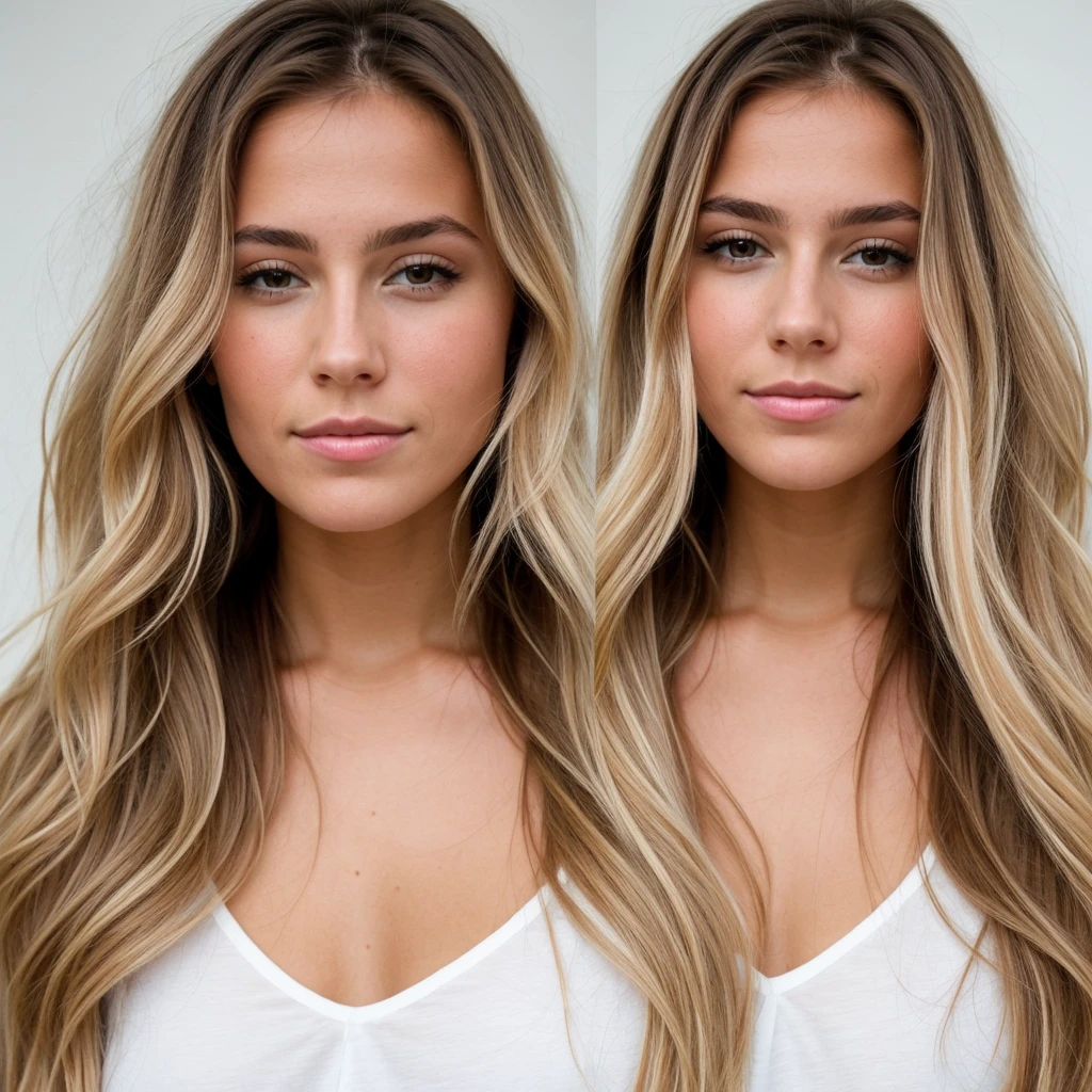 femme brune avec pointe blonde forte poitrine de face , laigé grain de beauté
