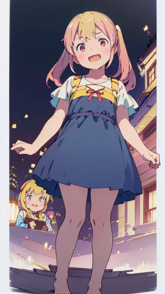 ((masterpiece))((Highest quality))girl、Laughing with your mouth open、blush、Flat Chest、Are thin、Blonde Hair、blush、Are standing、Whole body image、Eye level on face、、No background、Blue clothes、Hair is two colors、Twin tails、Red Eyes、Two-tone red and yellow hair、With open arms