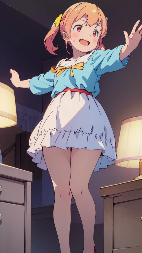 ((masterpiece))((Highest quality))girl、Laughing with your mouth open、blush、Flat Chest、Are thin、Blonde Hair、blush、Are standing、Whole body image、Eye level on face、、No background、Blue clothes、Hair is two colors、Twin tails、Red Eyes、Two-tone red and yellow hair、With open arms