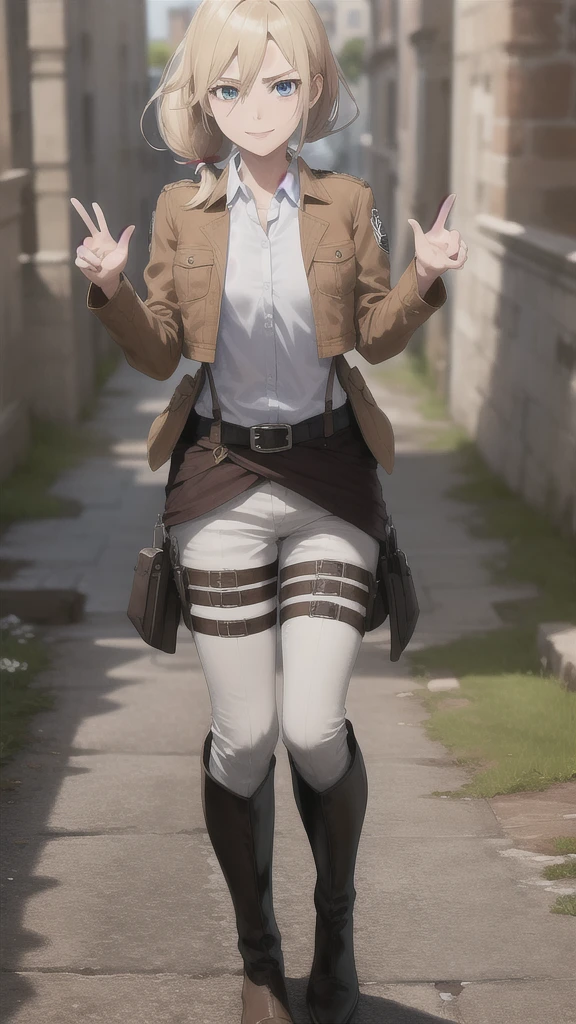 masterpiece, best quality, highres,
castle ruins, sunset, serious expression,
1girl, solo, looking at viewer, smile, v, hands down,
historia, christa renz, blonde hair, blue eyes, hair between eyes, short hair, ponytail, official art,
jacket, brown jacket, emblem, belt, thigh strap, pants, white pants, boots, shirt, white shirt, collared shirt, full body, standing