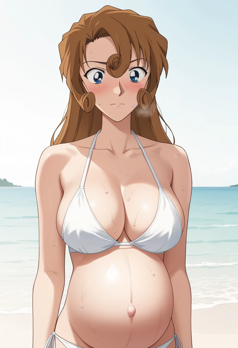 Cleavage、Huge breasts、blush、Sweat、In the heat、Long white hair、Braiding、kudou_yukiko,
{Highest quality}, {so beautiful}, {Very detailed}, {Best illustrations},Life、Slim:1.5、Pregnant women、White Bikini、Are standing