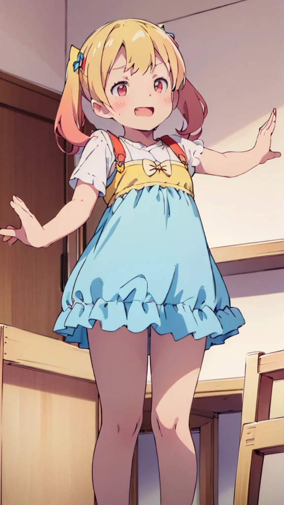 ((masterpiece))((Highest quality))girl、Laughing with your mouth open、blush、Flat Chest、Are thin、Blonde Hair、blush、Are standing、Whole body image、Eye level on face、、No background、Blue clothes、Hair is two colors、Twin tails、Red Eyes、Two-tone red and yellow hair、With open arms